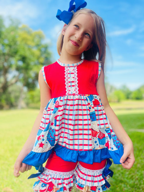 Bowtism Girls July 4th Treats Shorts Set with Matching Bow - Bowtism